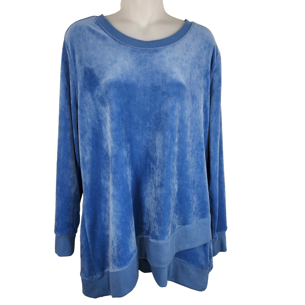 Denim & Co. Active Women Velour Pullover Sweatshirt Rib Trim Blue Medium A346271